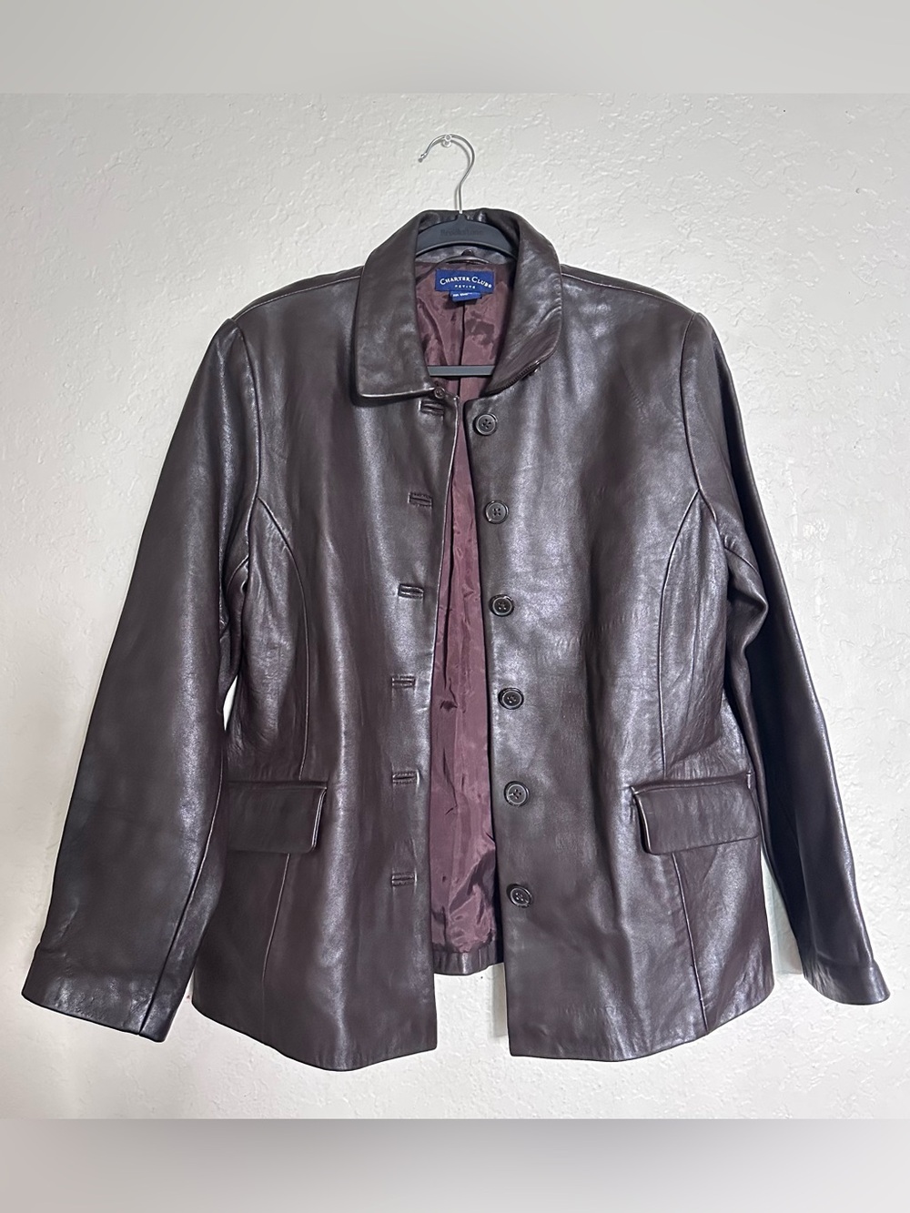 100% Leather Jacket by Charter Club, Dark Brown, Size Large PETITE